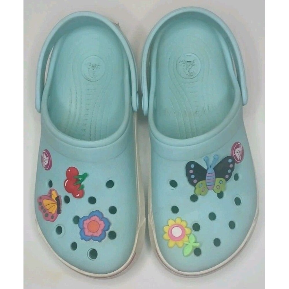 Crocs Kids Girls Sz C 12/13 Aqua Blue /Pink White w Charms Flowers Butterflies - Picture 2 of 16
